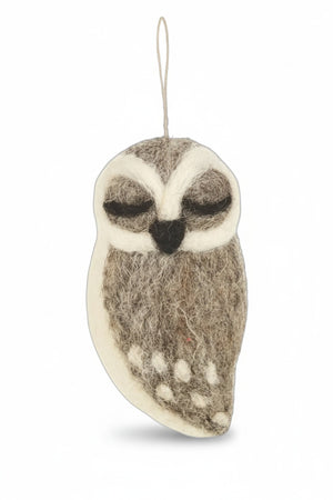 GREY OWL ORNAMENT by FELT SO GOOD, a needle-felted owl with closed eyes and textured grey and white wool, perfect for woodland themed decor.