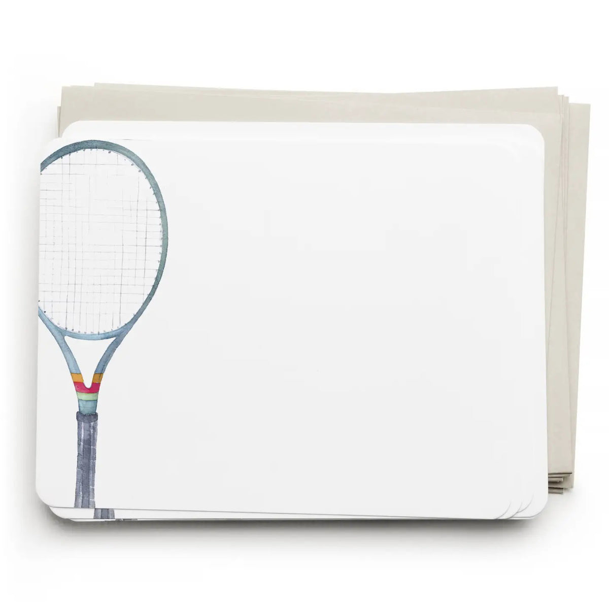 E. FRANCES - TENNIS FLAT NOTES by E. FRANCES PAPER: Boxed notecard stationery featuring a simple tennis racket handle and strings illustration in the lower left corner on white, includes matching envelopes.
