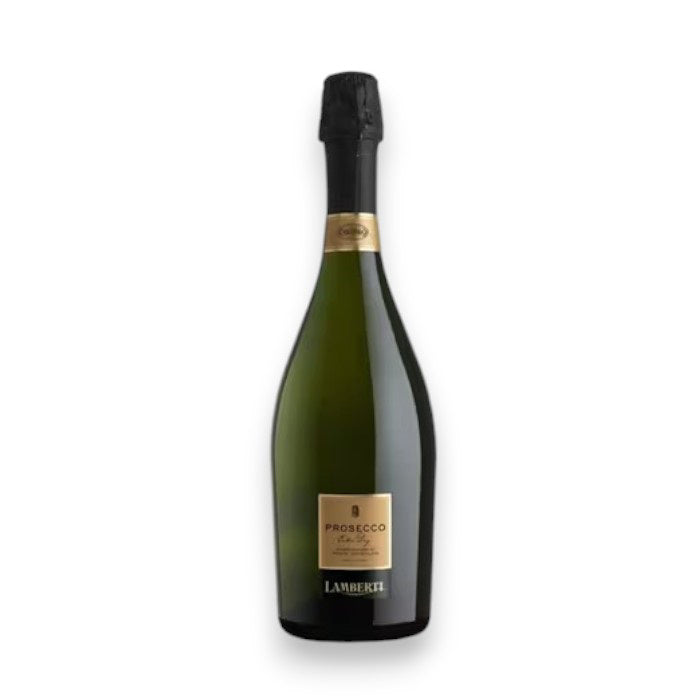 A green bottle of Lamberti Prosecco 187ML, featuring a foil-wrapped neck and gold label, suggests tropical fruit notes. The WINE: TRYON brand and type grace the elegant label, set against a plain white backdrop, inviting enjoyment of its peach-infused charm.