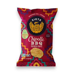 A vibrant bag of SIETE - KETTLE BBQ COOKED POTATO CHIPS from SIETE FOODS. The packaging showcases a lively southwestern pattern with a central eagle logo. Key labels include "Made with Avocado Oil," "Vegan," and "Gluten Free." Net weight is 1.5 oz.