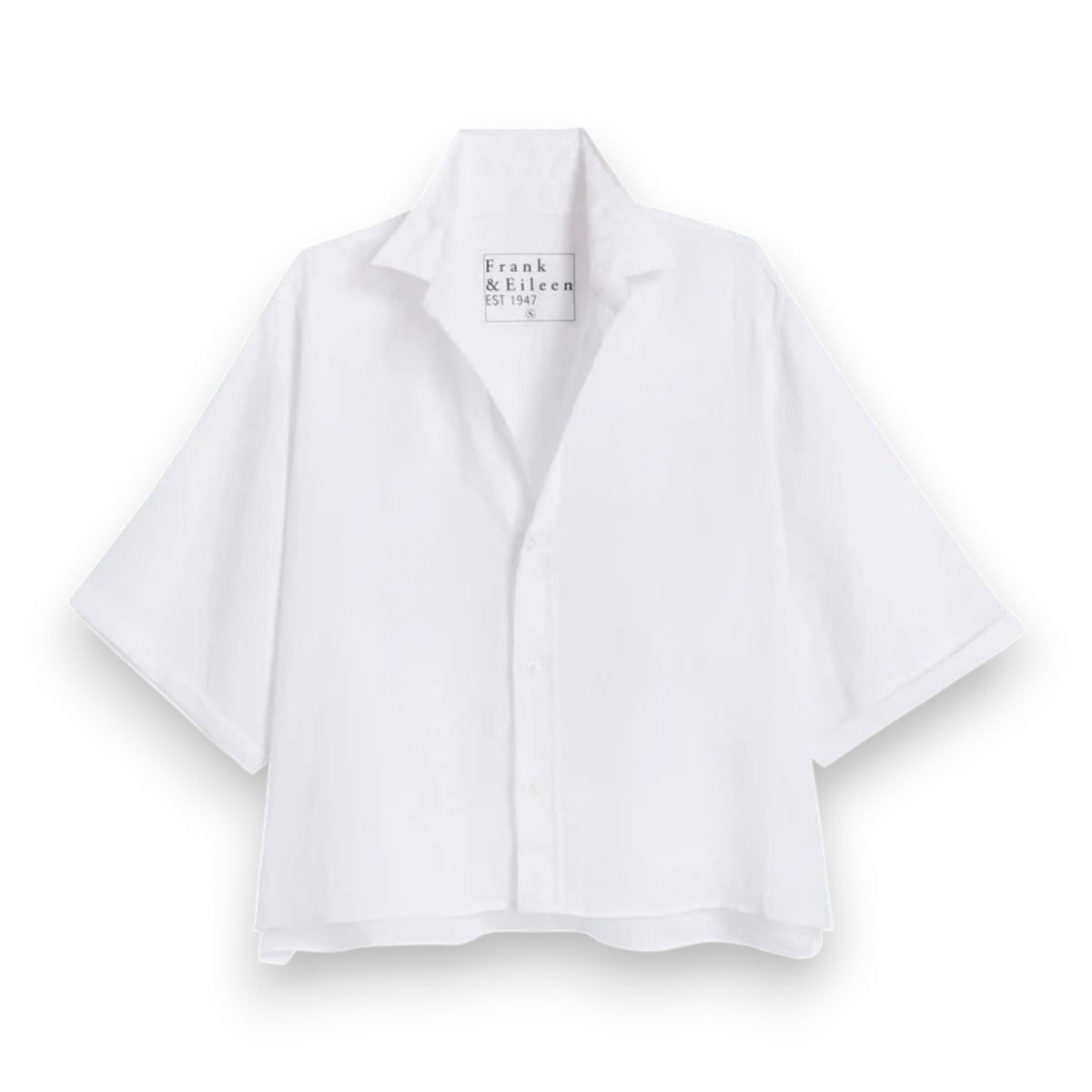 The FRANK &amp; EILEEN Rosie Short Sleeve Button Up Shirt in white linen features a wide collar, loose fit, and &quot;Frank &amp; Eileen&quot; label inside the collar. This women&#39;s shirt is shown on a white background.