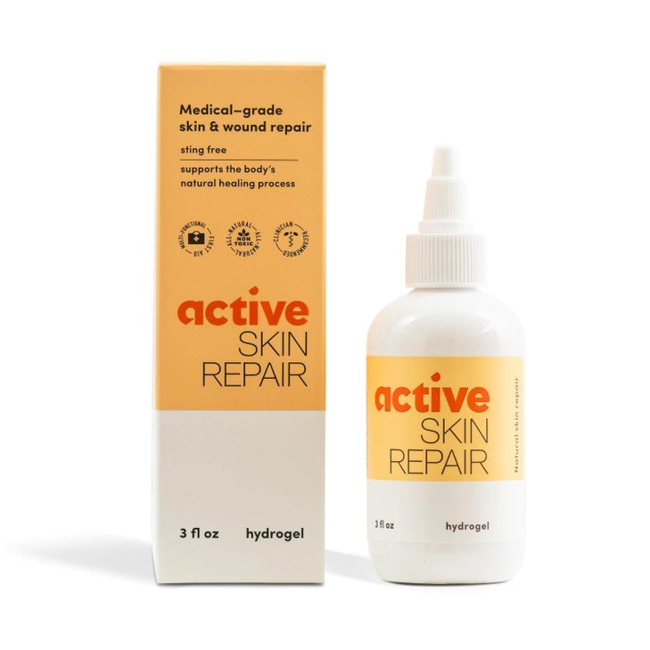 A 3 fl oz white bottle and yellow box of ACTIVE SKIN REPAIR - HYDROGEL by the brand ACTIVE SKIN REPAIR. This medical-grade, sting-free product utilizes hypochlorous (HOCl) to support the body&#39;s natural healing process. The packaging includes text and icons that highlight its usage and benefits.