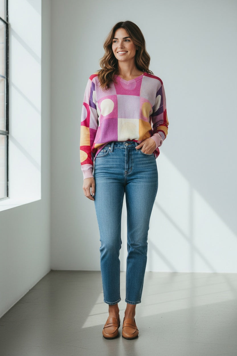 A person seen from the back is wearing the IN BED WITH YOU - BATWING SLEEVE V NECK JUMPER by IN BED WITH YOU/CLAUDIOLAI SRL, featuring a colorful geometric pattern of red, yellow, purple, and pink squares and circles.