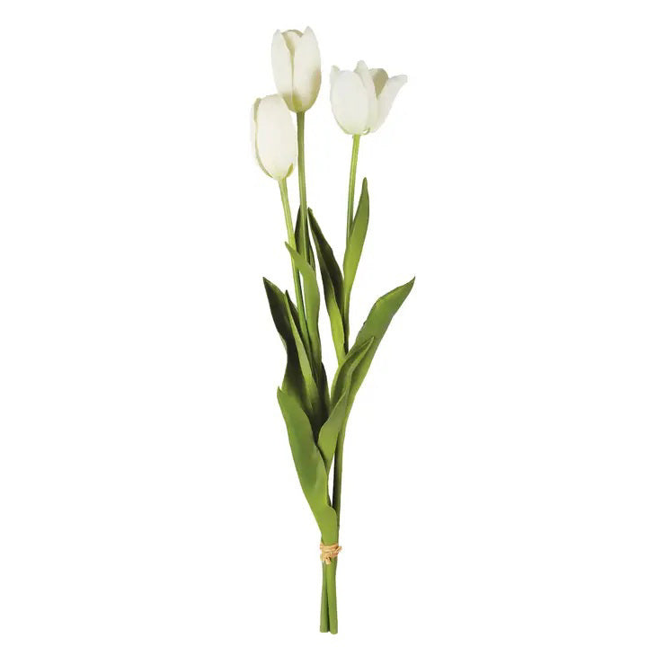 The NAPA HOME AND GARDEN - BUNDLE OF FRENCH WHITE TULIPS features three realistic white tulips with long green stems and leaves, tied with twine, on a plain white background.