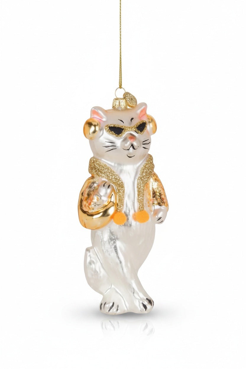 COOL MUSIC CAT ORNAMENT: a white glass cat wearing sunglasses, gold earmuffs, and a glittery gold scarf.