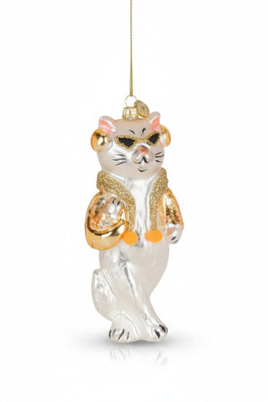 COOL MUSIC CAT ORNAMENT: a white glass cat wearing sunglasses, gold earmuffs, and a glittery gold scarf.