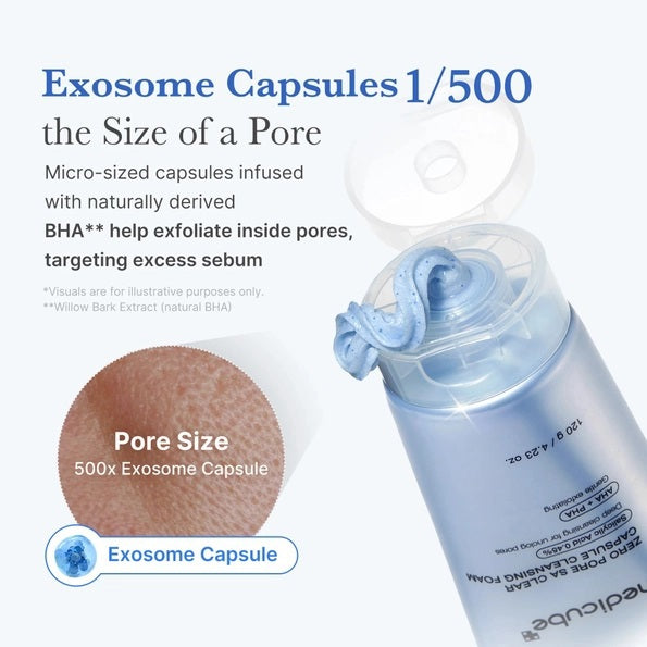 A tube of KOSMIC KBEAUTY SKINCARE MEDICUBE - ZERO PORE CAPSULE CLEANSING FOAM (120g) with blue capsules. This cleansing foam effectively targets pores and excess oil, refines skin texture, is non-comedogenic tested, and suitable for double cleansing.