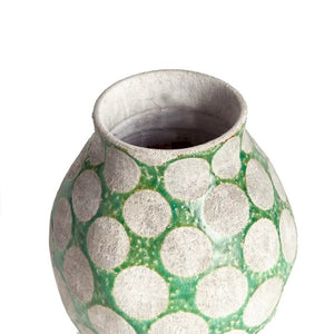 The NAPA HOME AND GARDEN Kiley Vase in Green, Small, features a rounded ceramic shape with a matte, textured finish and bold white polka dots—an eye-catching handcrafted piece inspired by mid-century design.
