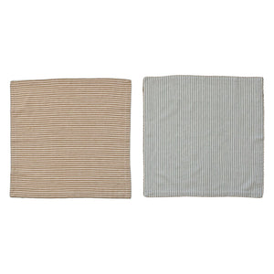 The CREATIVE COOP STRIPED COTTON NAPKIN WITH SCALLOP TRIM comes in aqua or mustard. Each 18" reusable napkin adds a stylish touch to your table linens collection.