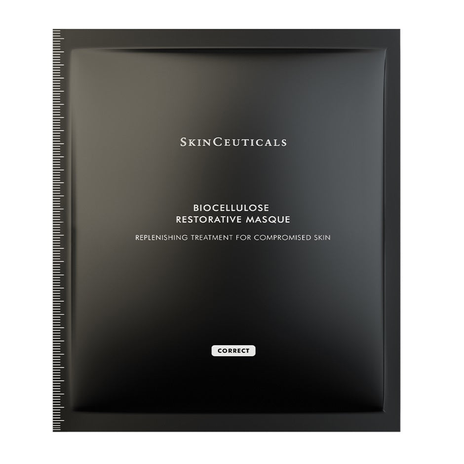 A black packet labeled &quot;SKINCEUTICALS - BIOCELLULOSE RESTORATIVE MASKS (6PC)&quot; by SKIN CEUTICALS, described as a replenishing mask for sensitive or post-procedure skin, with &quot;Correct&quot; at the bottom and a ruler along the left side.