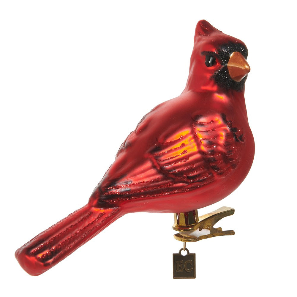 The CARDINAL CLIP ON ORNAMENT by RAZ IMPORTS features a shiny red glass cardinal with black accents, perched on a gold clip with a rectangular tag—a unique decorative piece for your home.