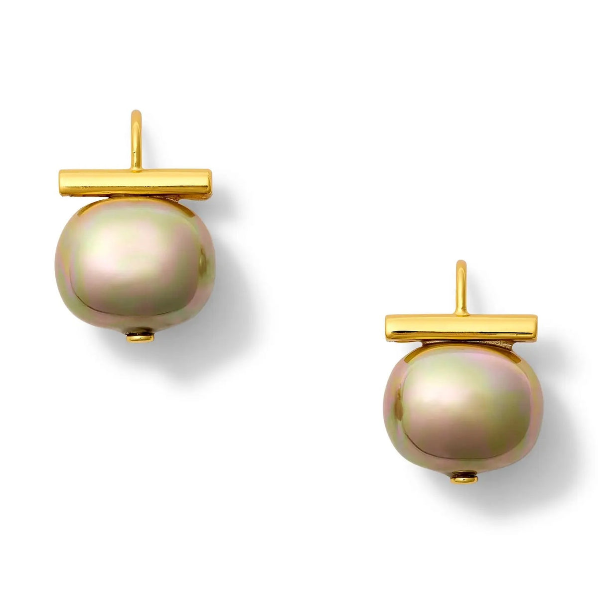 The CC & CO BY CATHERINE CANINO FOREVER FAVE PEBBLE PEARL EARRING IN BISCUIT features a pair of 14 karat gold earrings with round, iridescent pearls suspended beneath a sleek horizontal gold bar, displayed on a white background—a modern interpretation of classic pebble pearl earrings that effortlessly enhances any neutral beige jewelry collection.