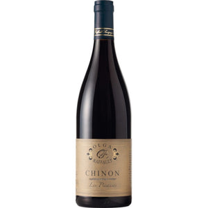A bottle of OLGA RAFFAULT ‘LES PICASSES’ CHINON 2020 red wine from WINE: HAW RIVER WINE MAN, featuring a beige label and a dark blue foil cap, crafted from Cabernet Franc grapes and photographed against a white background.