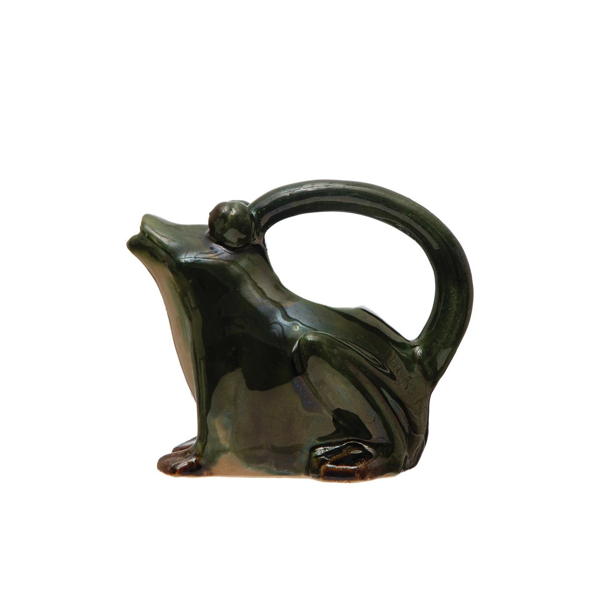 The CREATIVE COOP STONEWARE FROG WATERING PITCHER features a glossy dark green frog shape with brown-accented feet, an arched handle over its back, and a spout at the mouth—ideal as a decorative plant pitcher.