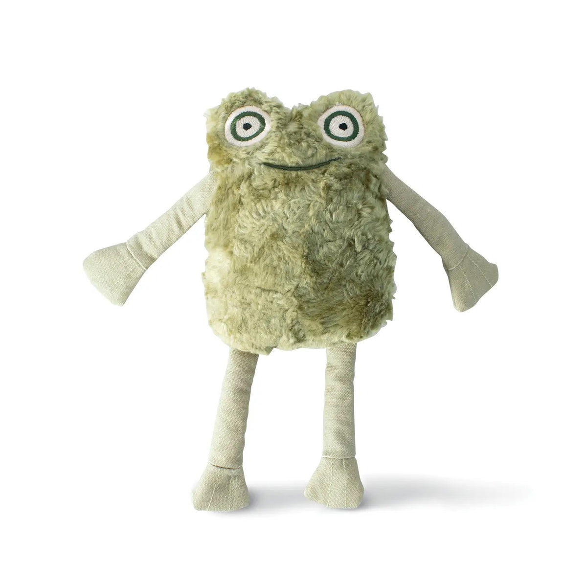 The FRINGE STUDIO - I JUMP AROUND FROG DOG TOY by PET SHOP BY FRINGE STUDIO is a green plush toy made from recycled materials. It has big circular eyes, a small smile, long arms and legs with a soft textured rectangular body, light limbs, and optional squeaker balls for extra fun.