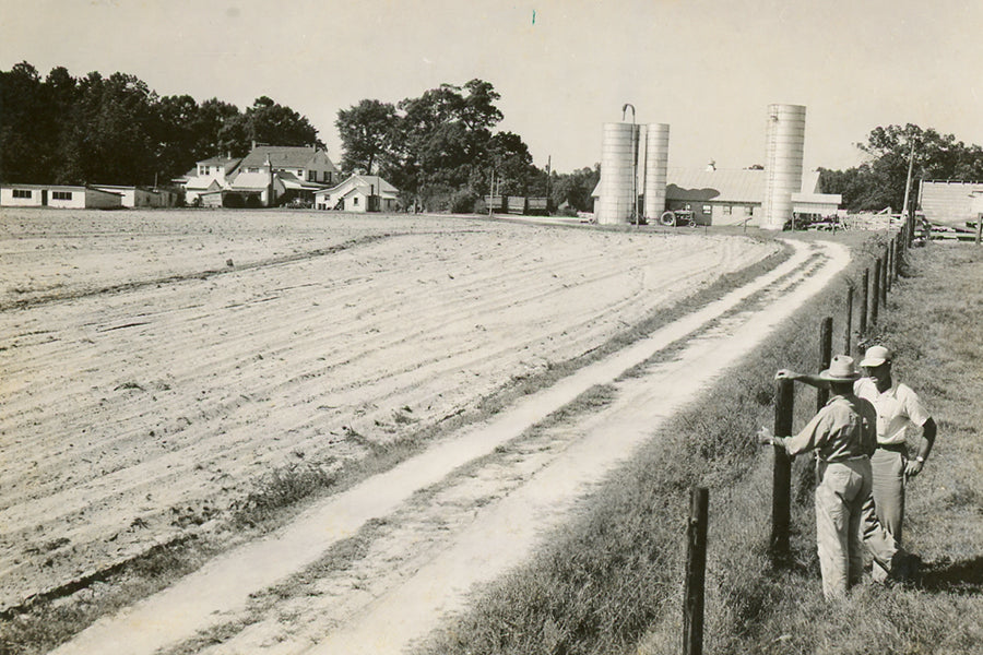Two people stand by a fence looking over a dirt road and a large, freshly plowed field, with farm buildings, trees, and tall silos visible in the background under a clear sky.