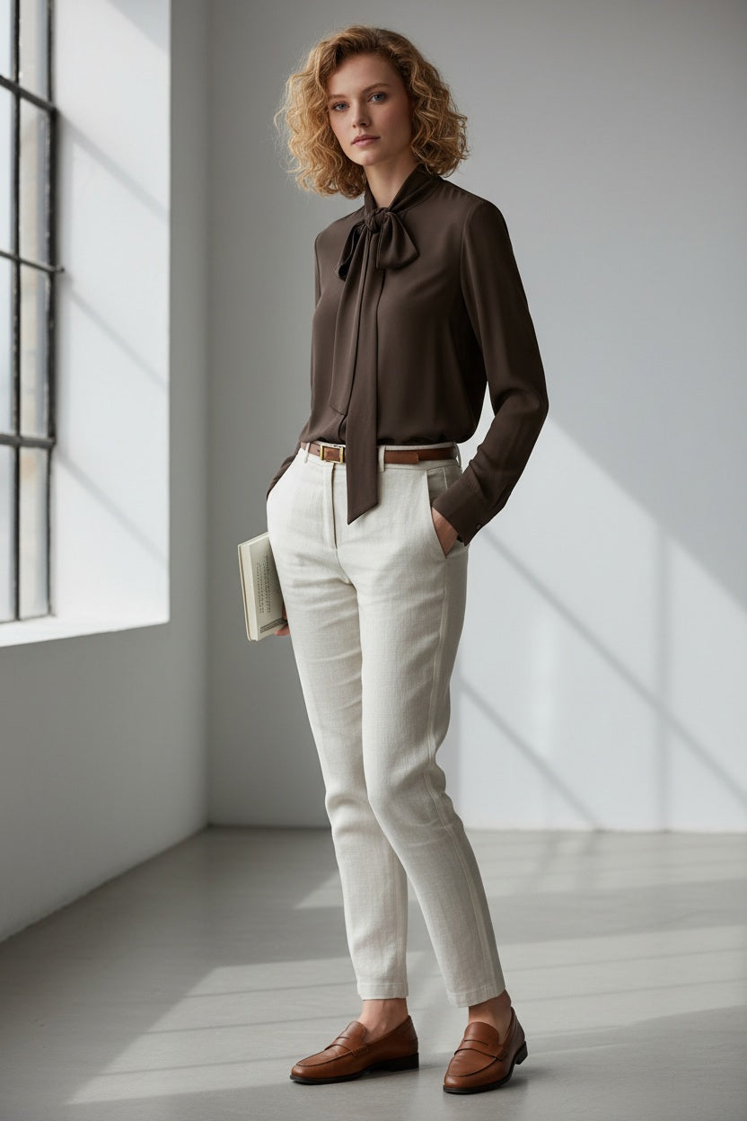 A woman stands in a sunlit room wearing the SEVENTY VENEZIA Tie Neck Blouse in brown by SEVENTY, paired with white pants and brown loafers, holding a closed book. She has short, curly blonde hair and a neutral expression.