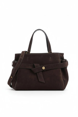 The GIANNI CHIARINI Maranda Handbag in Mocha features dark brown suede, two short handles, a long adjustable shoulder strap for crossbody versatility, and a decorative front belt with a gold button, shown against a white background.