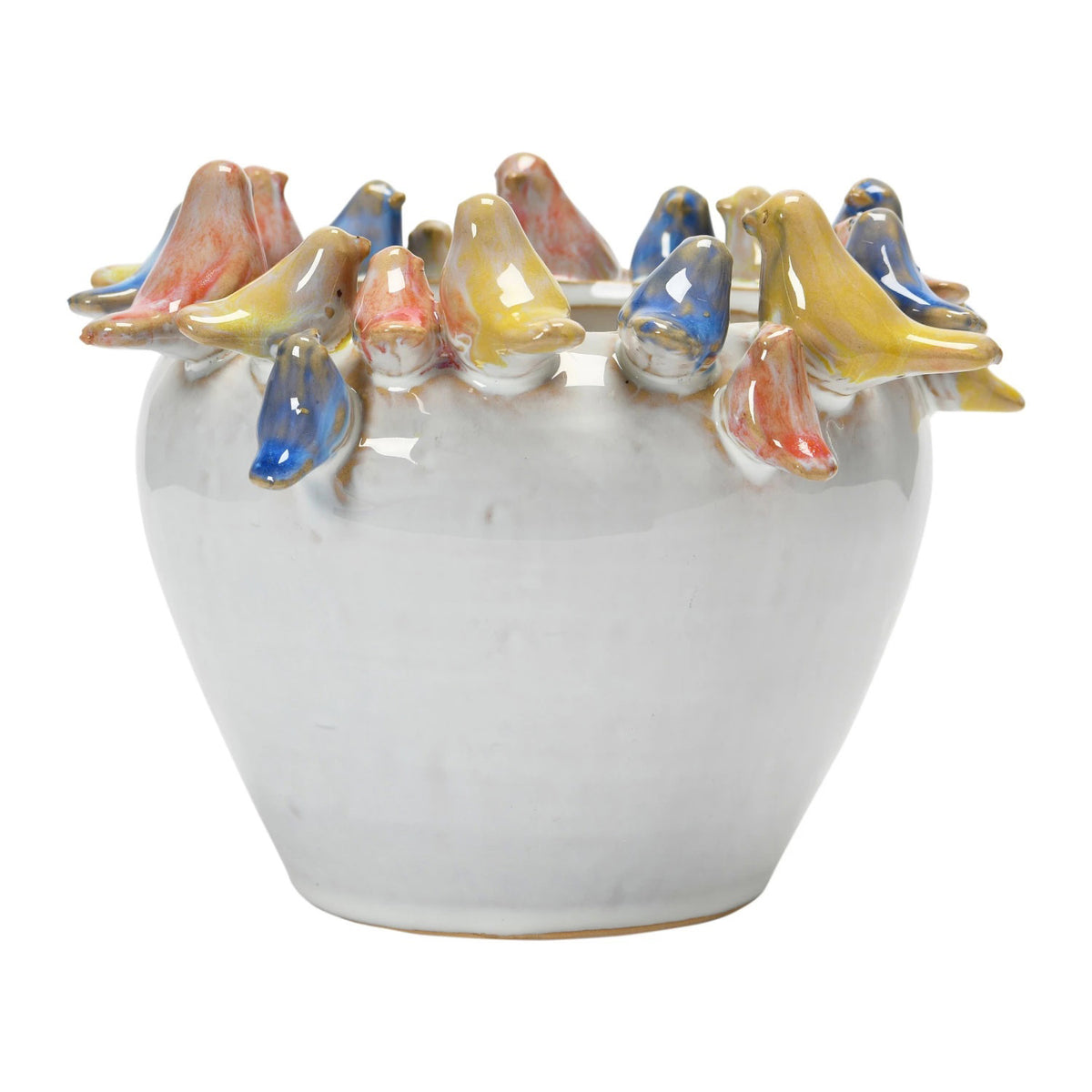 The PLANTER W BIRDS ON RIM by CREATIVE COOP is a ceramic piece made entirely from stoneware, showcasing a smooth, white exterior with small pastel-colored bird sculptures—yellow, pink, and blue—gracefully adorning the rim.