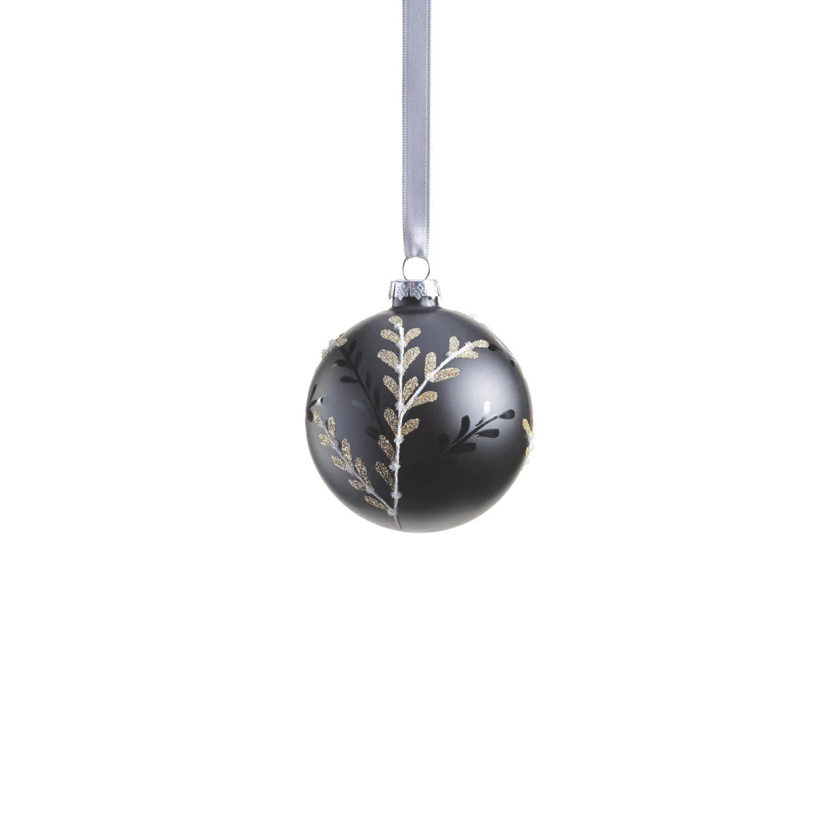 The ZODAX BLACK GLASS BALL ORNAMENT WITH LEAF PATTERN features a 3.25&quot; diameter, elegant gold glitter leaf designs, and hangs from a silver ribbon. Crafted from glass, it adds sophisticated charm to any holiday décor.