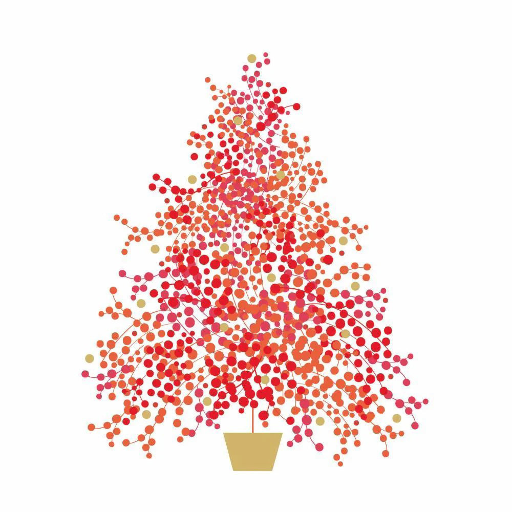 Add festive charm to your holiday table with PAPER PRODUCTS DESIGN - SEASON&#39;S TREE BEVERAGE NAPKINS by PAPER PRODUCTS DESIGN, featuring a cheerful Christmas tree of red, pink, and orange dots in a gold pot—perfect for holiday gatherings.