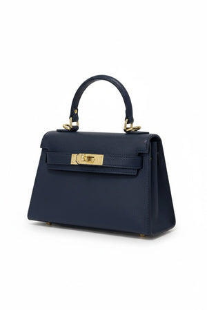 Navy blue SMALL LEATHER SATCHEL BAG by LE BORSETTE in structured Italian leather with a single top handle and gold-tone metal hardware.