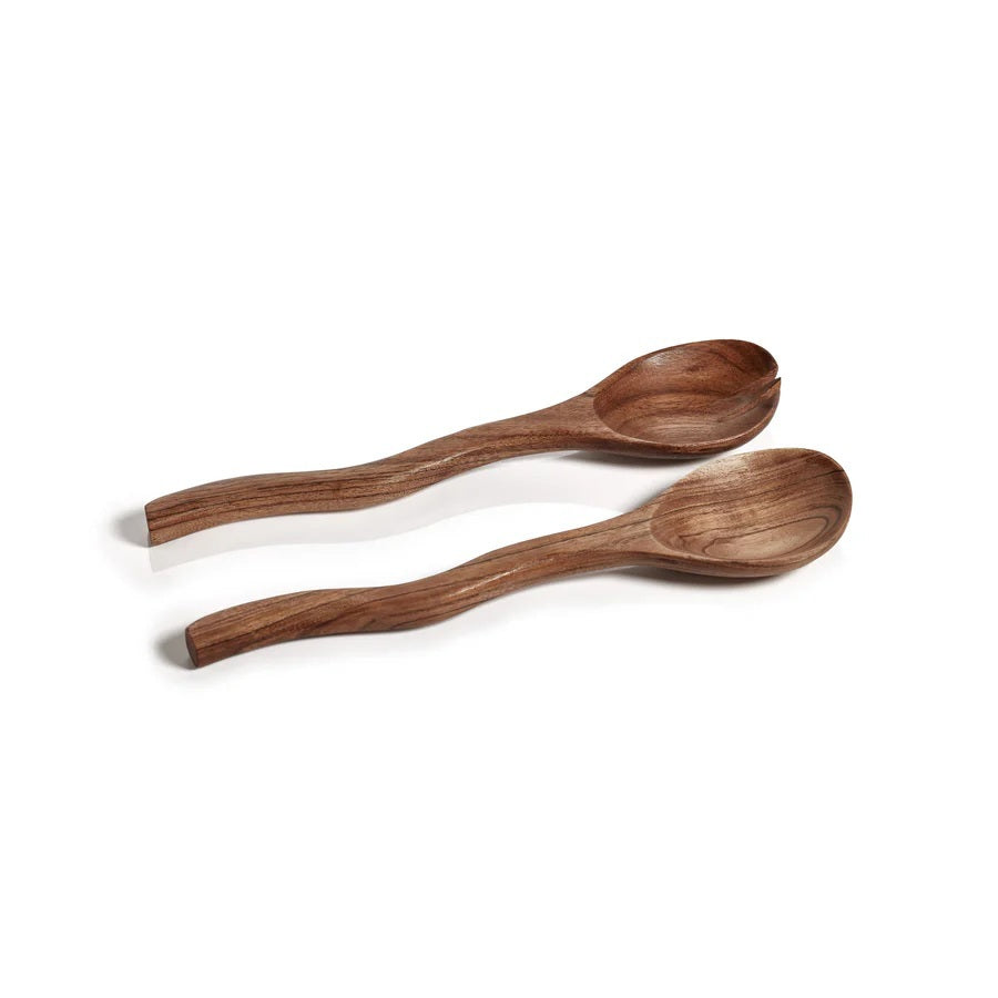 The ZODAX MANGO WOOD CURVY SALAD SERVER SET features two handcrafted servers—a spoon and fork—with a wavy design, crafted from mango wood for elegant dining. Set is displayed on a white background.
