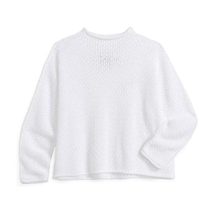 The FRANK & EILEEN Monterey Pointelle Rolled Funnel Neck Cotton Sweater in White features a relaxed fit, long sleeves, and lightweight 100% cotton Italian Pointelle fabric, shown on a plain white background.