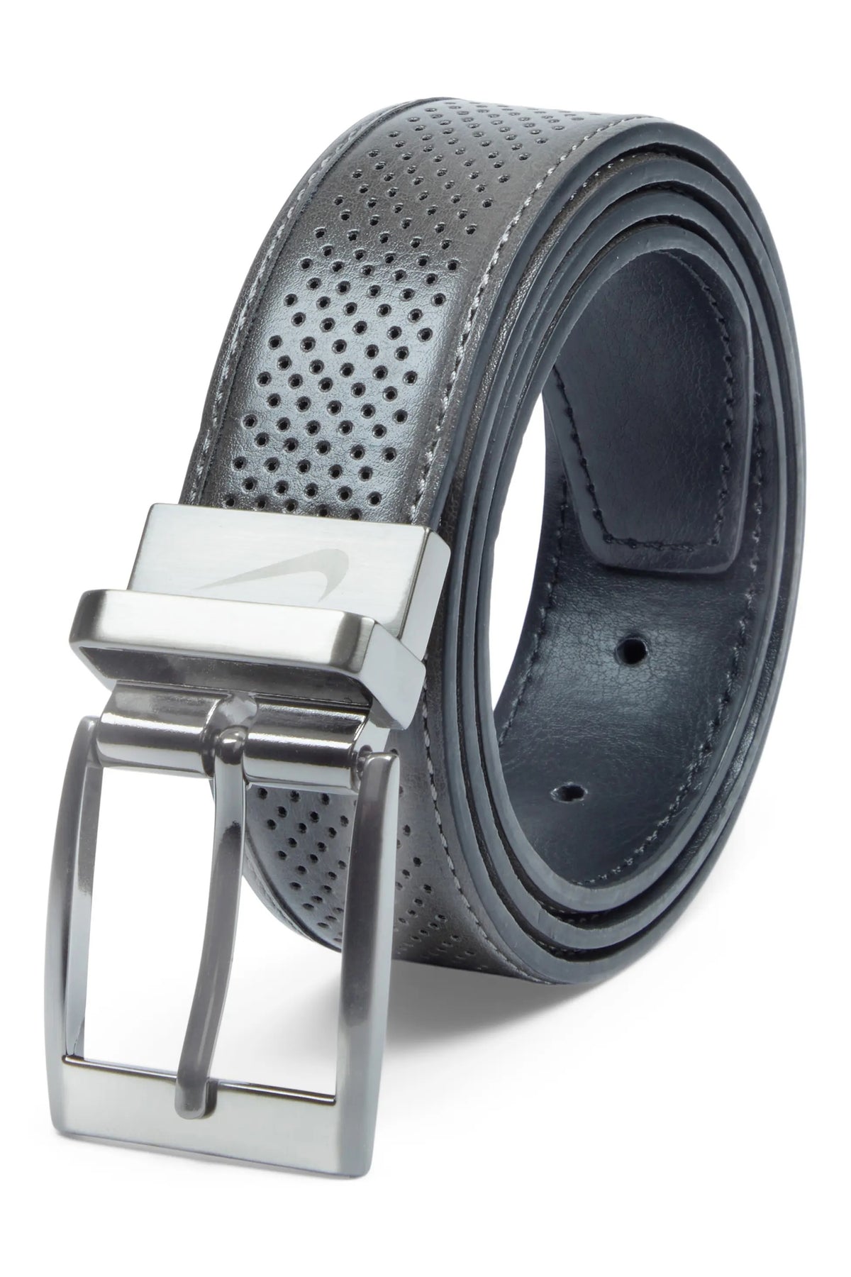 The WILL LEATHER GOODS - NIKE REVERSIBLE TOUR PERFORMANCE GOLF BELT IN GREY AND BLACK, coiled neatly on a white background, features a sleek silver buckle and subtle perforated detailing.