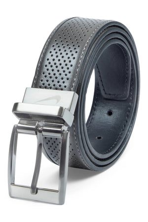 The WILL LEATHER GOODS - NIKE REVERSIBLE TOUR PERFORMANCE GOLF BELT IN GREY AND BLACK, coiled neatly on a white background, features a sleek silver buckle and subtle perforated detailing.