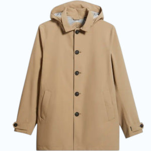 The SAVE THE DUCK BENJAMIN Hooded Raincoat in Stardust Beige for men features black front buttons, slanted side pockets, and adjustable sleeves, displayed flat on a white background.