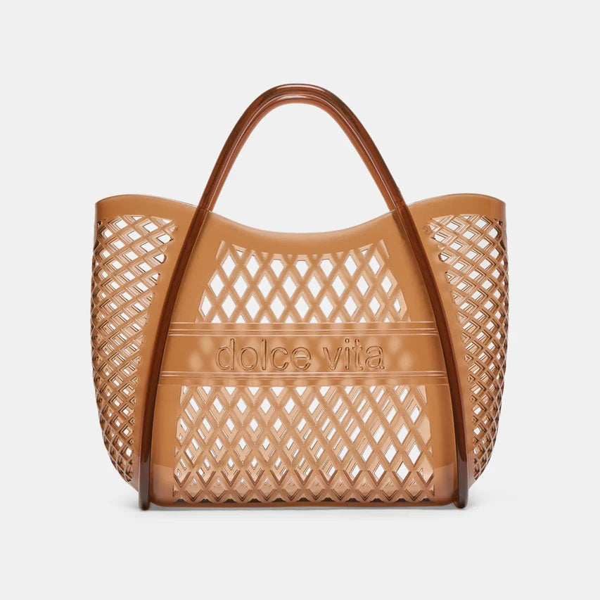 The DOLCE VITA - TOP HANDLE WHISKEY JELLY HANDBAG features a brown lattice design, curved handles, and “dolce vita” embossed on the front—a stylish, see-through tote perfect for vacations.
