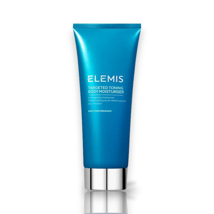 A blue tube of ELEMIS - TARGETED TONING BODY MOISTURIZER by ELEMIS - STEINER, featuring a silver cap. The front showcases product details and the brand name in white text. This anti-cellulite body moisturizer is set against a plain white background.