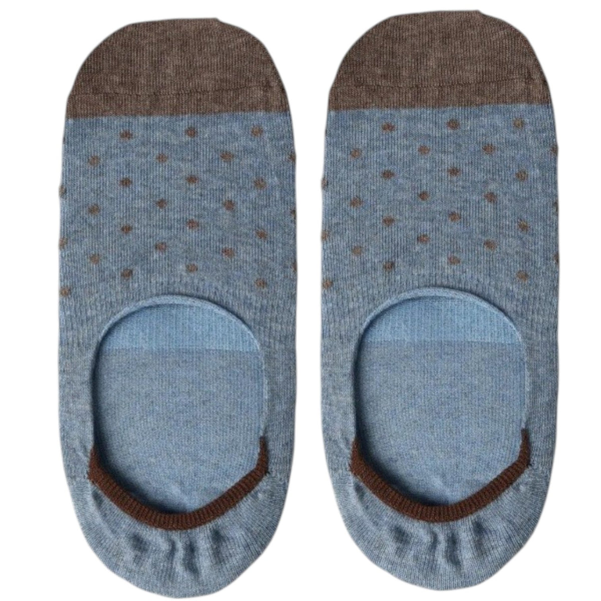 A pair of AMANDA CHRISTENSEN TRUE DOT Invisible Socks in Sky Blue Melange, crafted from a soft combed cotton blend and adorned with playful polka dots. “AMANDA CHRISTENSEN TRUE W.B.” is printed on the soles—an elegant option for those who value luxurious men’s accessories.
