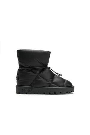 The METALLIC PILLOW BOOT by FLUFIE is a black, high-top winter boot with a padded, quilted design. It features a side zipper and a ridged sole, with the brand name "FLUFIE" embossed on the side of the sole. Insulated with goose down and boasting an anatomic insole, this boot is perfect for cold weather.