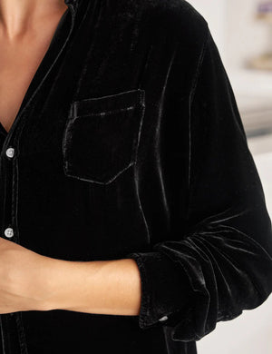 The FRANK & EILEEN EILEEN Relaxed Button Up in Black Italian Washed Velvet features a collar, front pocket, bust-flattering buttons, and rolled-up sleeves. The label inside reads "Frank & Eileen.