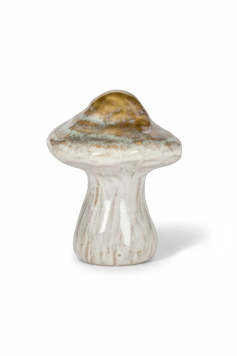 SMALL CERAMIC MUSHROOM figurine featuring a golden-brown cap and a white-streaked stem, perfect for woodland-inspired décor.