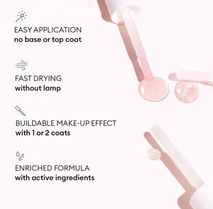 A nail polish brush and swatches appear beside text featuring the MANUCURIST - ACTIVE™ BRIGHT TREATMENT POLISH by MANUCURIST INC, emphasizing easy application, fast drying, a buildable make-up effect, and an enriched formula with active ingredients—perfect for plant-based nail care or as a brightening treatment polish.