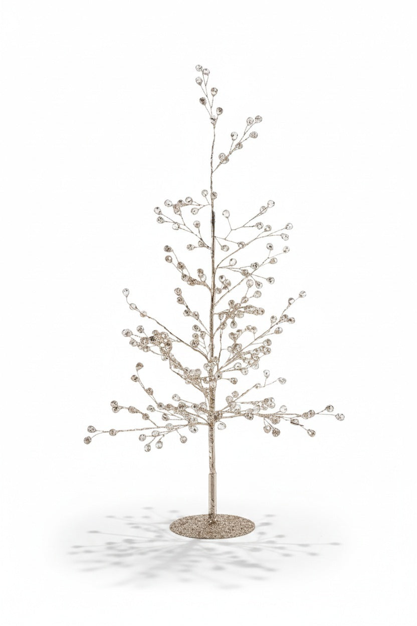 Two BEADED GLASS BERRY TREE - SMALL decorative trees made of glass wire with clear bead accents on the branches, standing on round bases.