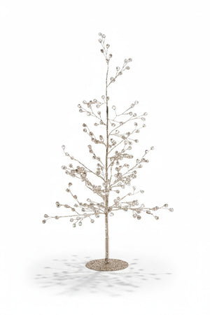 Two BEADED GLASS BERRY TREE - SMALL decorative trees made of glass wire with clear bead accents on the branches, standing on round bases.