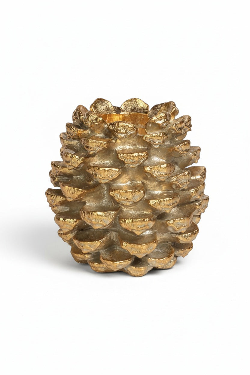 A GOLDEN PINE CONE PILLAR HOLDER - SMALL, 8.5 x 9 inch gold-toned polyresin pine cone pillar candle holder.