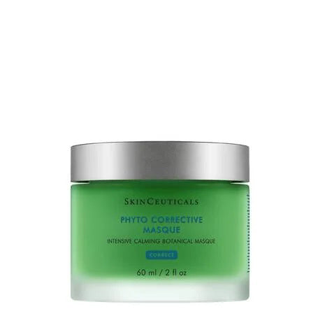 A jar of SKINCEUTICALS - PHYTO CORRECTIVE MASK by SkinCeuticals, featuring a silver lid and an intensive calming face mask enriched with botanical extracts. The green jar indicates it contains 60 ml (2 fl oz) of product.