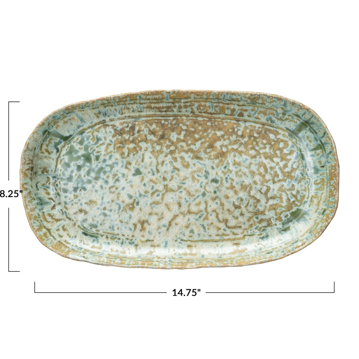 The GREEN STONEWARE PLATTER WITH REACTIVE CRACKLE GLAZE by CREATIVE COOP features a handcrafted, rustic finish and textured green glaze—perfect as a unique serving dish for any occasion.
