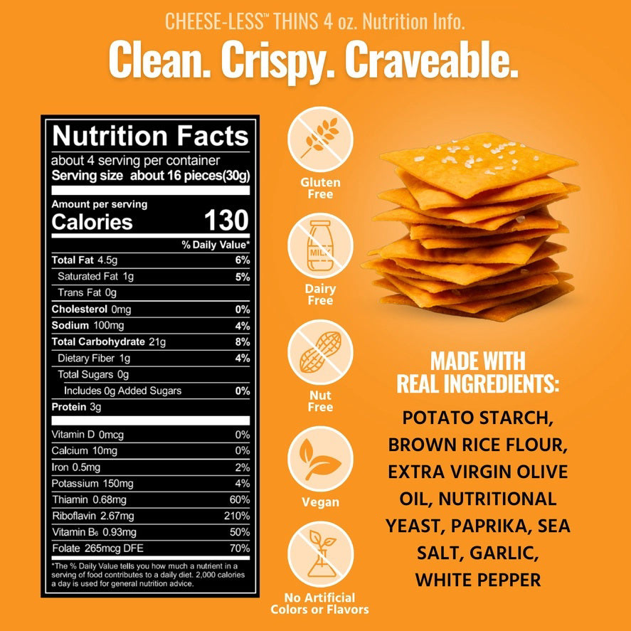 A bag of EVERY BODY EAT - CHEESE-LESS SNACK THINS, showing a stack of square crackers on the front. The packaging emphasizes that these gluten-free thins are baked—not fried—and displays ingredients and dietary features at the bottom, making them an ideal allergy-friendly snack option.