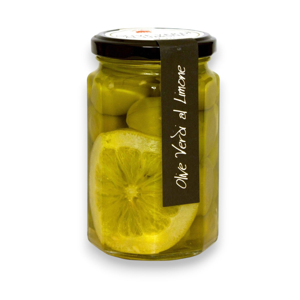 A clear hexagonal jar filled with green olives and a prominent lemon slice immersed in olive oil. The jar is sealed with a black lid and features a black label with white text that reads &quot;CASCINA ROSSA - GREEN OLIVES WITH LEMON 9OZ&quot; from the RITROVO brand. The background is plain white, evoking the simple elegance of Abruzzo.