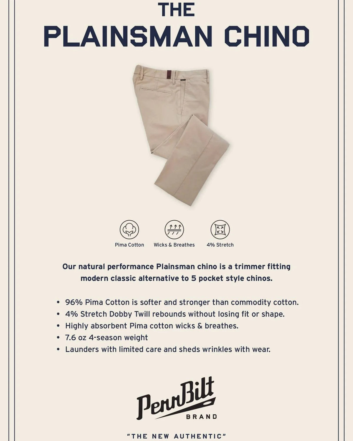Close-up of PENNBILT - THE PLAINSMAN PANT IN DARK KHAKI, featuring tan Pima cotton fabric with a partially unzipped brass zipper and an open button. A blue “PENNBILT” label is sewn near the waistband.