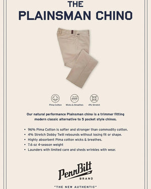 Close-up of PENNBILT - THE PLAINSMAN PANT IN DARK KHAKI, featuring tan Pima cotton fabric with a partially unzipped brass zipper and an open button. A blue “PENNBILT” label is sewn near the waistband.