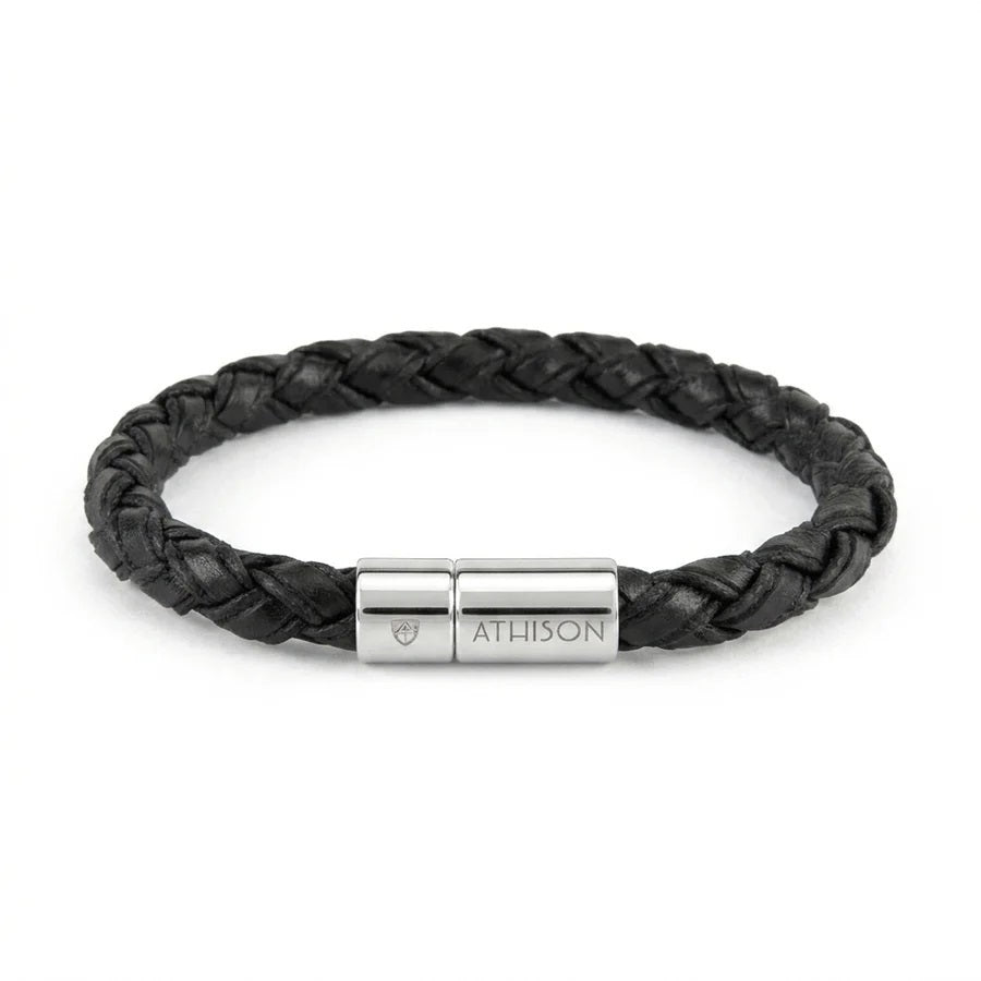 The ATHISON braided leather and cotton bracelet in black features a polished silver magnetic clasp engraved with "Athison," highlighting Italian craftsmanship. Shown on a white background, the bracelet displays exquisite details.