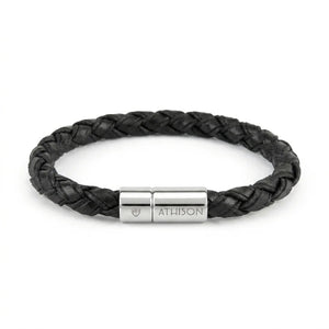 The ATHISON braided leather and cotton bracelet in black features a polished silver magnetic clasp engraved with "Athison," highlighting Italian craftsmanship. Shown on a white background, the bracelet displays exquisite details.