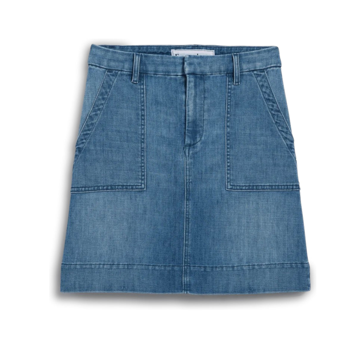 The FRANK &amp; EILEEN Jameson Utility Skirt in Italian Dream Light Denim 1968 Wash is a blue mini skirt with utility pockets, belt loops, and a front zipper closure, shown against a white background.